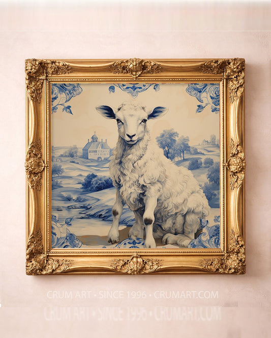 Blue & White Lamb — square art print by Crum Art in a square gold frame