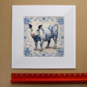 Chinoiserie Blue & White Pig Art Print | Crum Art in matted square frame mockup