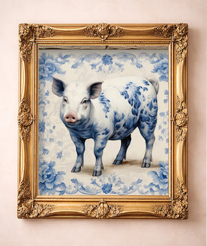 Blue & White Pig — art print by Crum Art in a gold frame