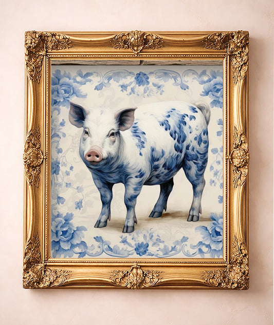 Blue & White Pig — art print by Crum Art in a gold frame