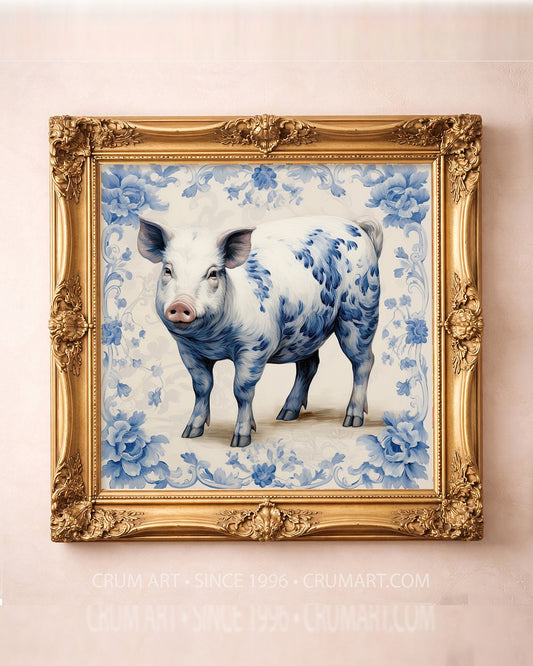 Blue & White Pig — square art print by Crum Art in a square gold frame