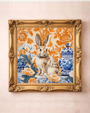 Chinoiserie blue and white rabbit art print in a square gold frame by Crum Art