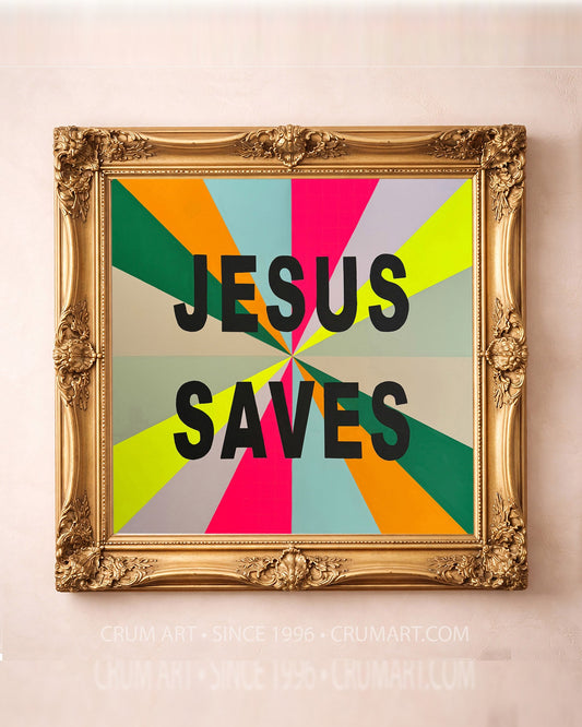 Jesus Saves Pop Print — Christian art print by Betsy Crum in a square gold frame
