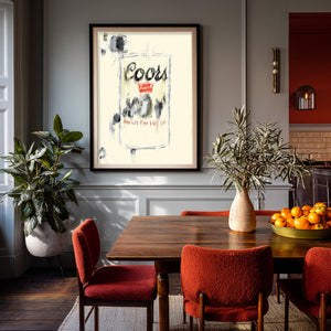 Coors Banquet beer art print by Betsy Crum framed in a dining room, bar wall art