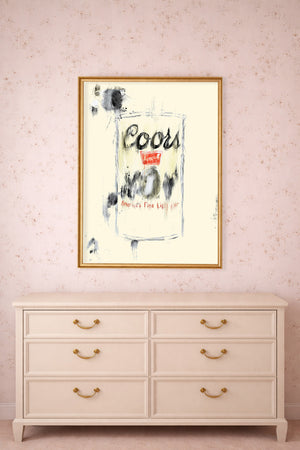Vintage beer wall art Coors Banquet print by Betsy Crum styled above a dresser