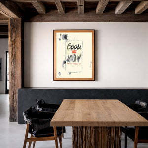 Coors Banquet bar art print by Betsy Crum in a rustic den with wood beams