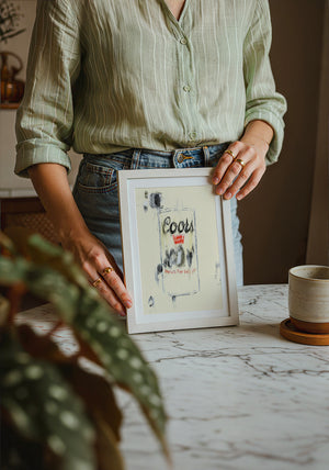 Coors Banquet bar wall art print by Betsy Crum — neutral frame room mockup