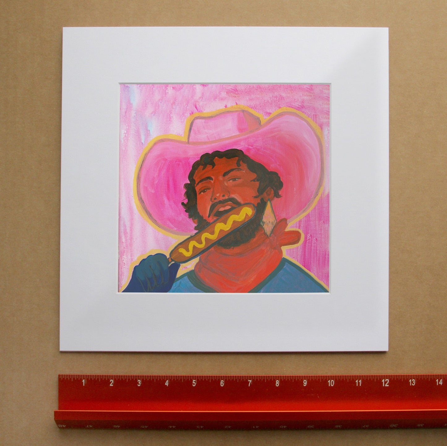 Corndog Cowboy Art Print | Caya Crum Art in matted square frame mockup