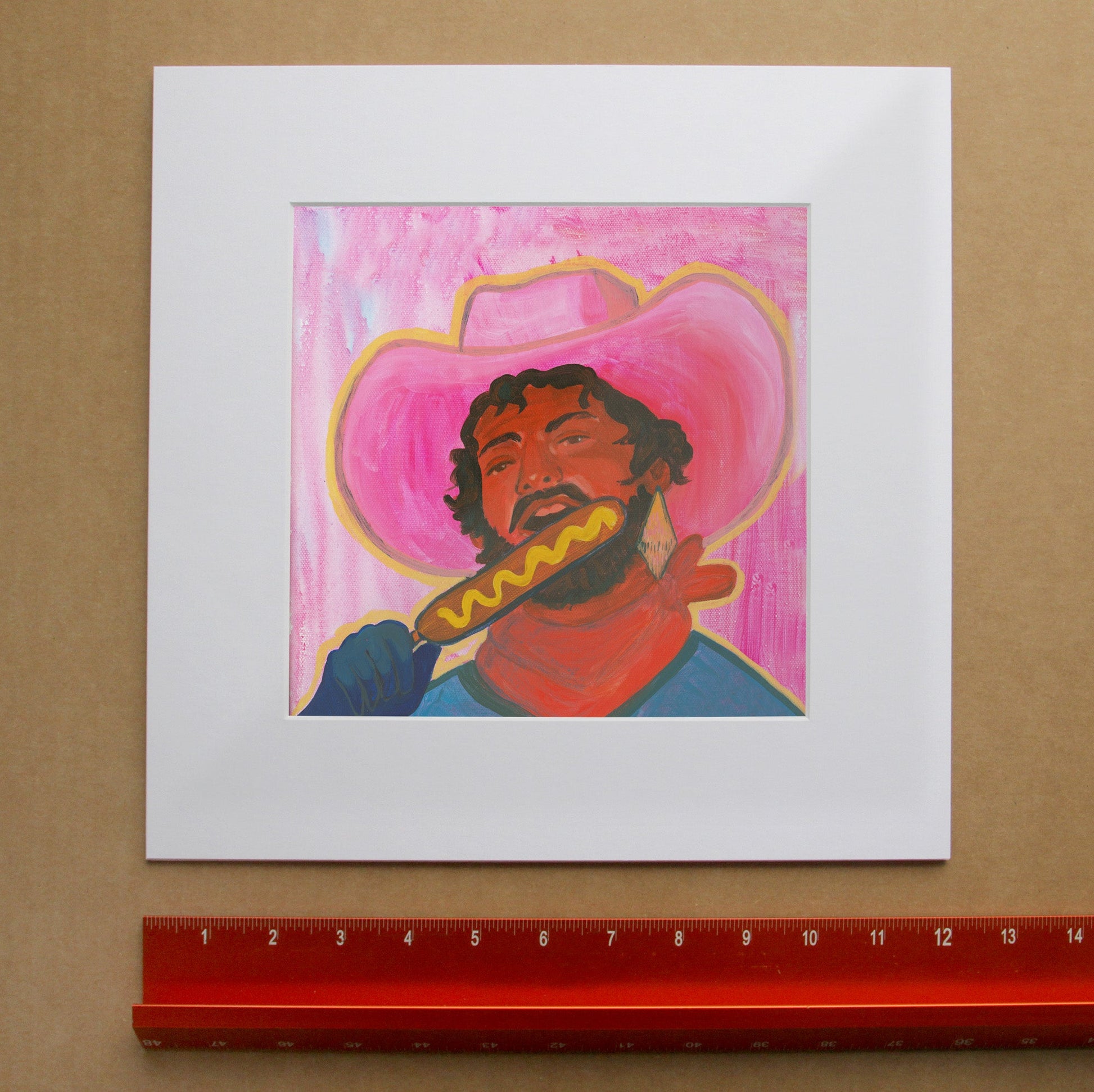 Corndog Cowboy Art Print | Caya Crum Art in matted square frame mockup