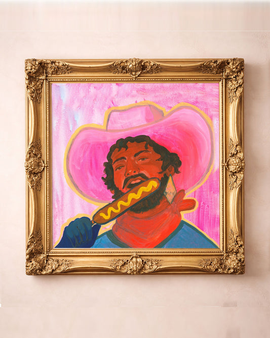 Corn dog cowboy pink pop art print by Caya Crum in a square gold frame