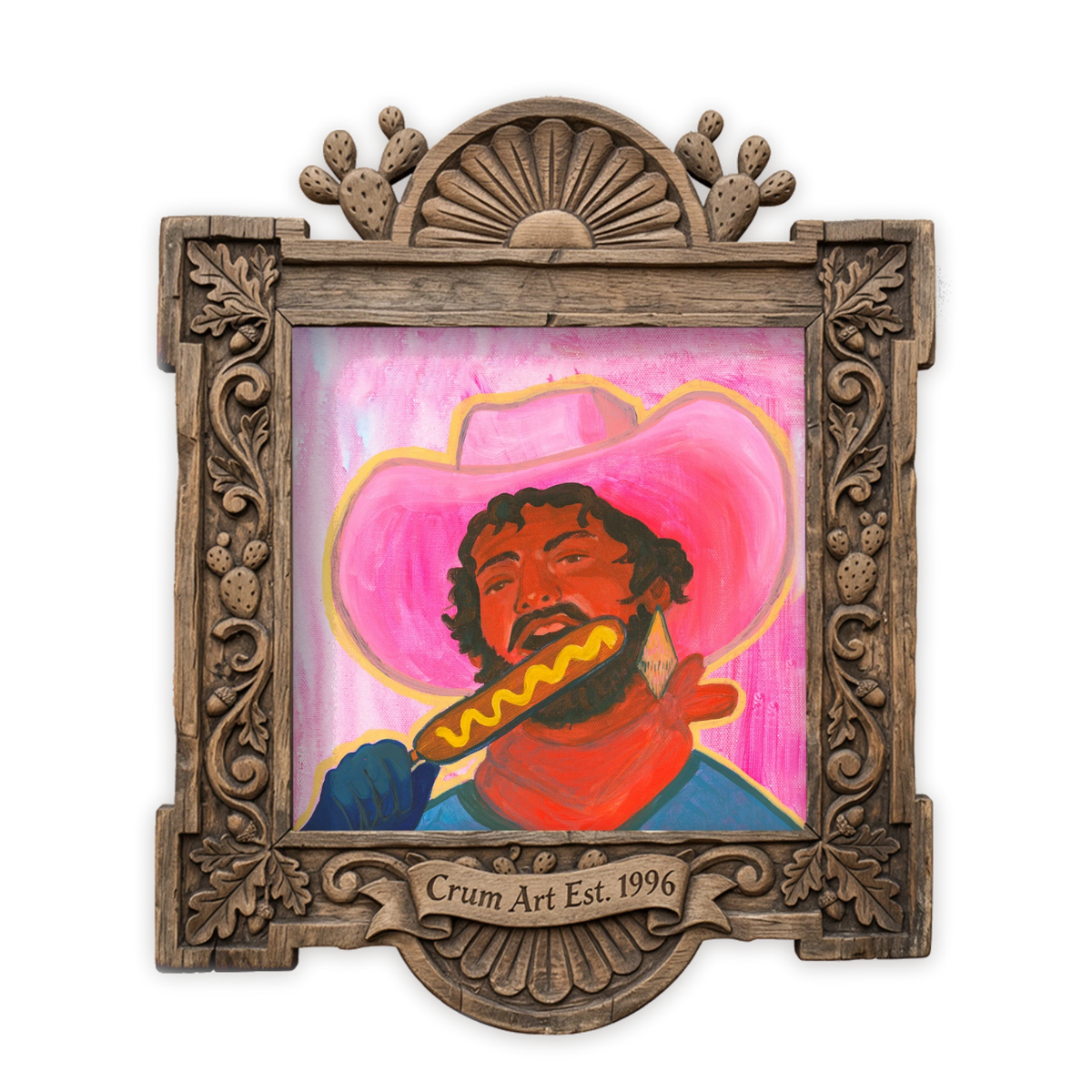 Corn Dog Cowboy Pink — art print by Caya Crum in a carved wood frame