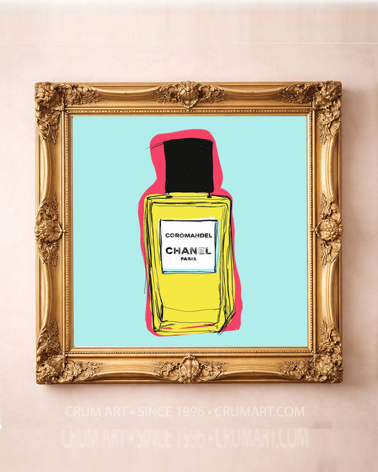 Chanel Coromandel perfume pop art print by Betsy Crum in a square gold frame