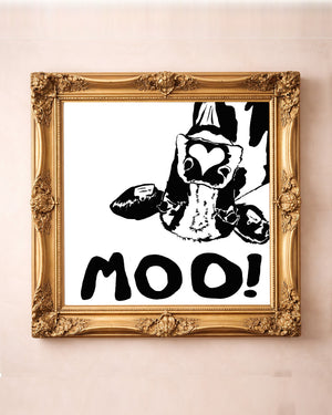 Moo! Cowboy Cow — cow art print by Caya Crum in a square gold frame