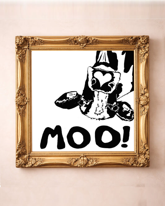 Moo! Cowboy Cow — cow art print by Caya Crum in a square gold frame