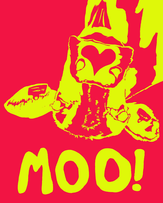 Pop Art Cow in red and yellow with MOO! lettering, cow art print by Betsy Crum