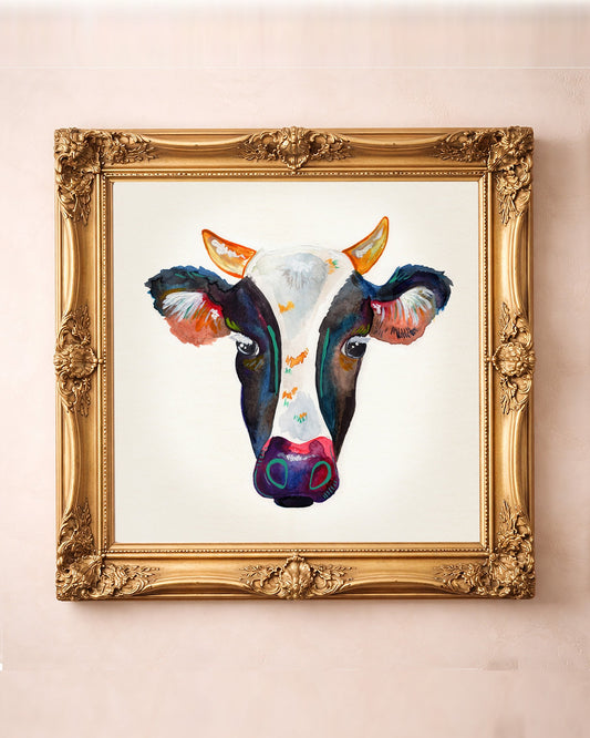 Watercolor Cow Portrait — cow art print by Caya Crum in a square gold frame