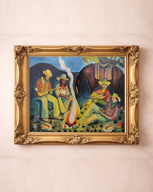 Campfire cowboy and cowgirl night sky art by Caya Crum in a gold frame — western art