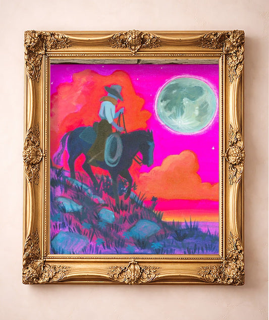 Cowboy & Cowgirl Full Moon — art print by Caya Crum in a gold frame