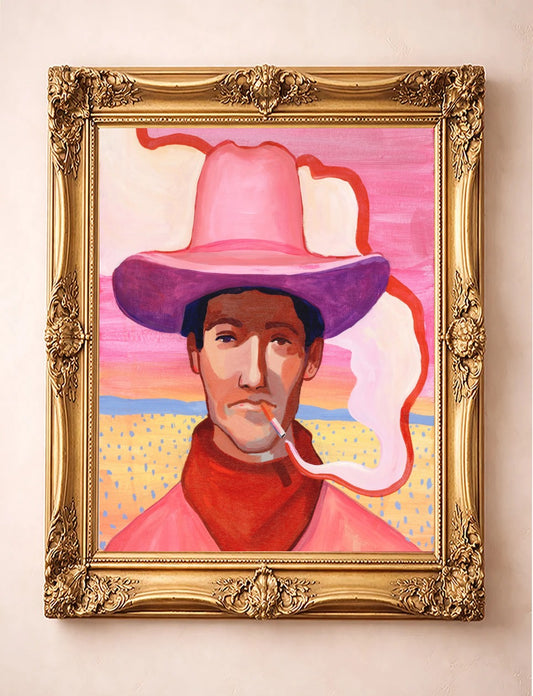 Pink Desert Scene cowboy art print by Caya Crum in an ornate gold frame | Crum Art