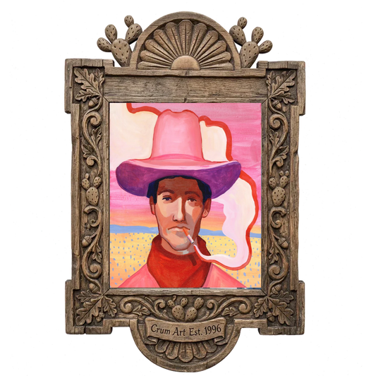 Pink Desert Scene cowboy art print by Caya Crum shown in the carved Crum Art frame