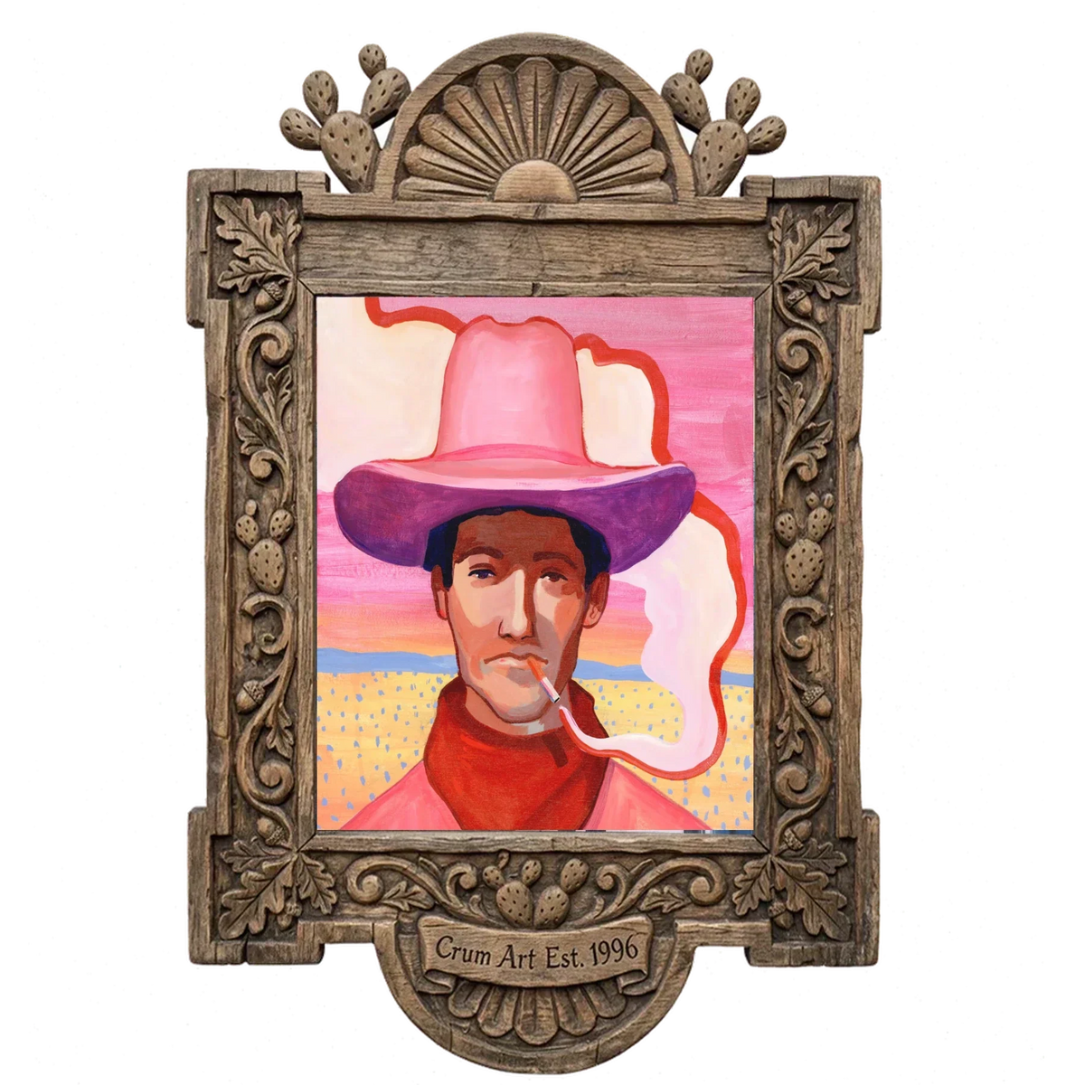 Pink Desert Scene cowboy art print by Caya Crum in a carved wood frame