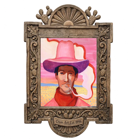 Pink Desert Scene cowboy art print by Caya Crum in a carved wood frame