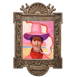 Pink Desert Scene cowboy art print by Caya Crum shown in the carved Crum Art frame