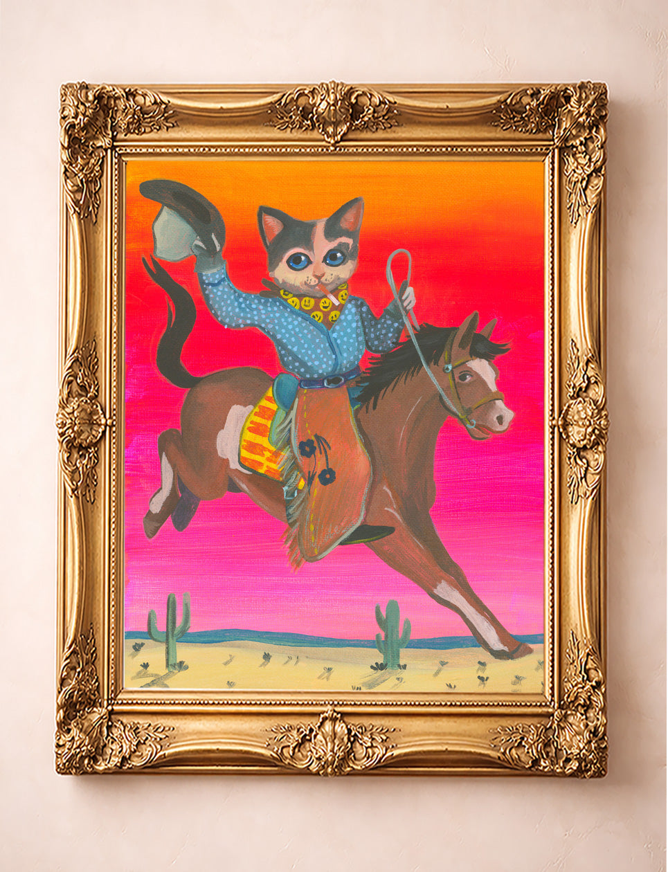 Cute Cat Art Print in a white frame on a white wall with hardwood floors.  This Cat is riding a horse and a Maximalist wall art statement piece.  24x36" Cat Art Print by Caya Crum