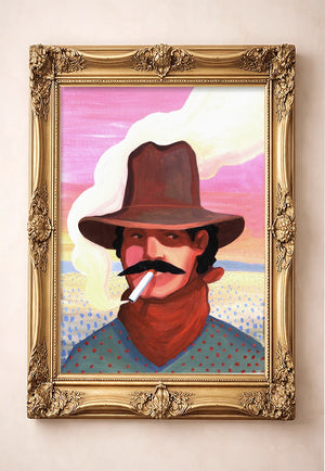 Smoking Cowboy by Caya Crum in a gold frame