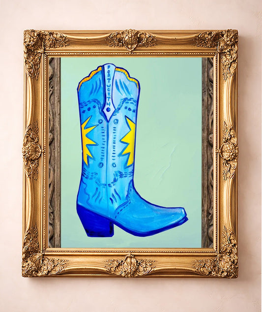 Fort Worth Boot Blue — art print by Caya Crum in a gold frame