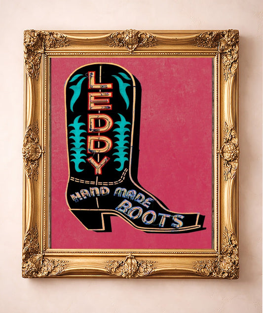 Leddy Boot Black & Pink Print — art print by Betsy Crum in a gold frame