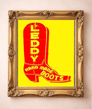 Leddy Boot Red & Yellow Print — art print by Betsy Crum in a gold frame