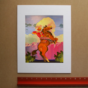 Cowboy art print Cowboy art print of a cowboy riding a brown horse wearing star covered chaps and a shirt with fringe on the sleeves with a dramatic sunset in the background.  8x10" Print in an 11x14" mat print by Artist Caya Crum, signed, cotton rag paper, archival inks.   Great guy gift.