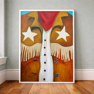 Cowboy Stars Rodeo Fringe Vest Print by Caya Crum displayed in a living room gallery wall with other western art prints.