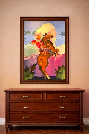 Cowboy art print of a cowboy riding wearing star covered chaps on a bucking brown horse with a dramatic sunset in the background.  24x36" print by Artist Caya Crum, signed, cotton rag paper, archival inks.   This art is over a dresser or sideboard piece of furniture.  
