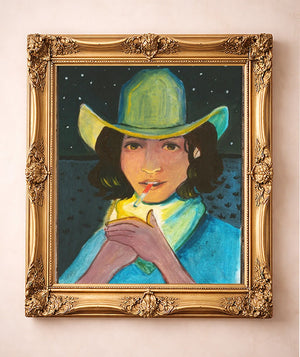Cowgirl Lighting Up on Yellow — art print by Caya Crum in a gold frame