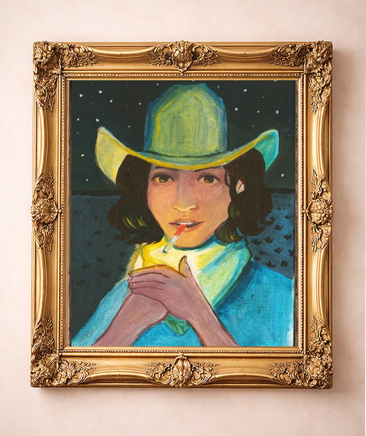 Cowgirl Lighting Up on Yellow — art print by Caya Crum in a gold frame