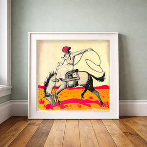 Framed cowgirl roping Western art print