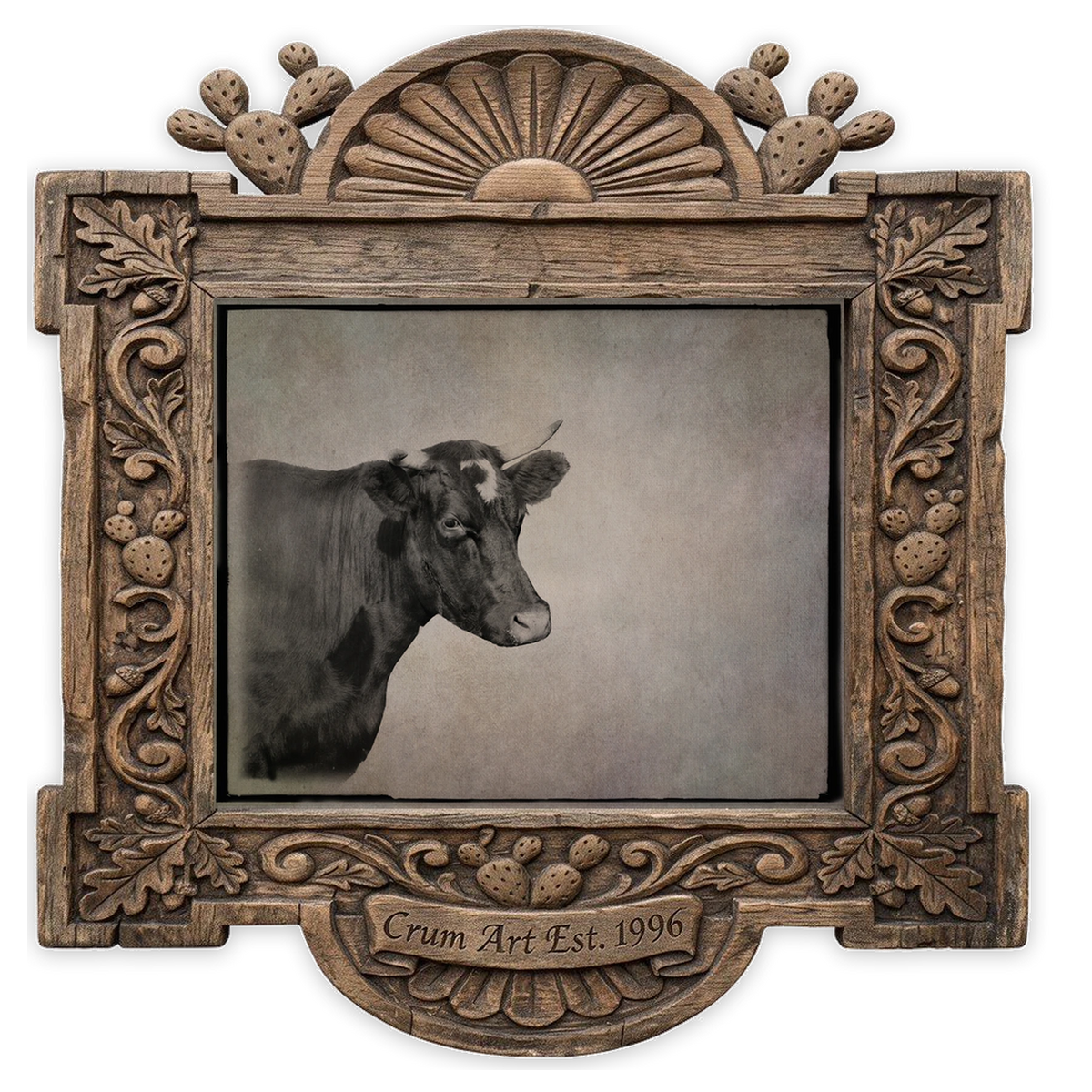Sepia Cow Portrait Photograph — cow art print by Crum Art in a horizontal carved wood frame