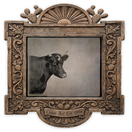 Sepia Cow Portrait Photograph — cow art print by Crum Art in a horizontal carved wood frame