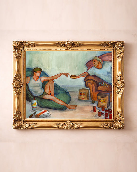 Creation of Sonic weirdcore art print by Caya Crum — in a gold frame
