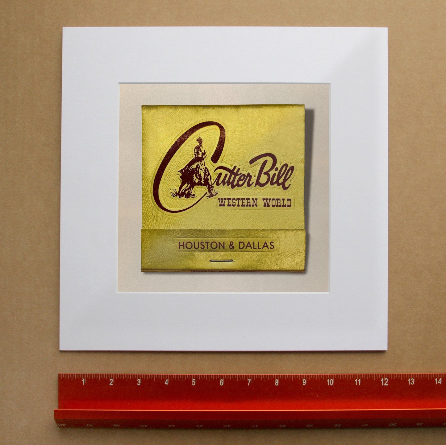 Cutter Bill Western World Matchbook Art Print — Houston & Dallas Urban Cowboy Era | Carl Crum in matted square frame mockup
