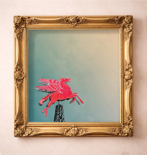 Pegasus Flying Red Horse Square — art print by Betsy Crum in a gold frame