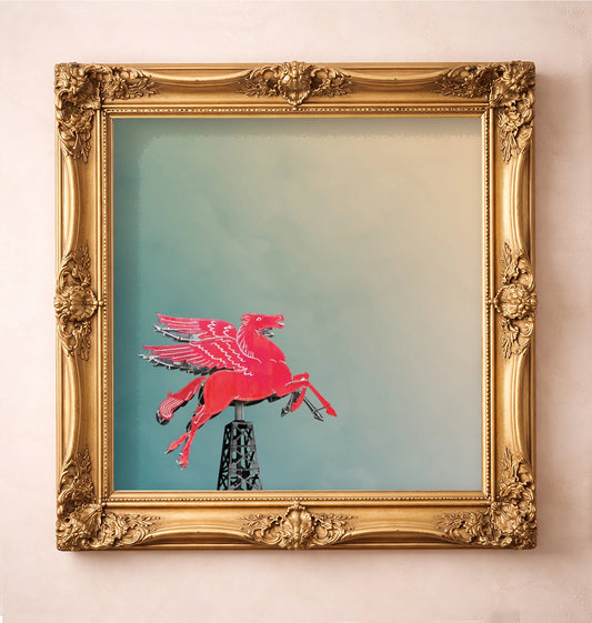 Pegasus Flying Red Horse Square — art print by Betsy Crum in a gold frame