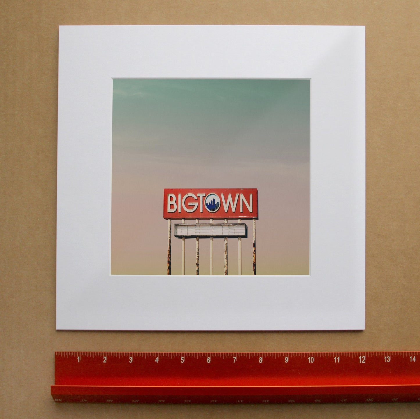 Dallas Art Prints & Gifts – Big Town Sign with Big Dallas Sky | Betsy Crum in matted square frame mockup