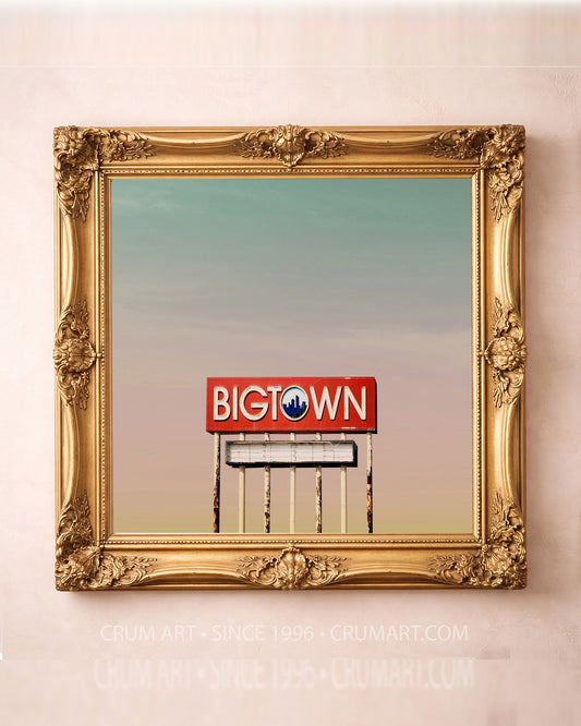 Big Town sign Dallas art print by Betsy Crum in a square gold frame
