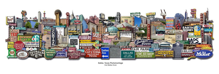 Dallas signs and landmarks photomontage 12x36 panoramic art print by Carl Crum, hand-signed Dallas wall art