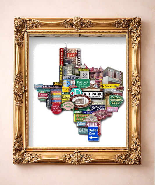 Texas Shaped Photomontage — art print by Carl Crum in a gold frame
