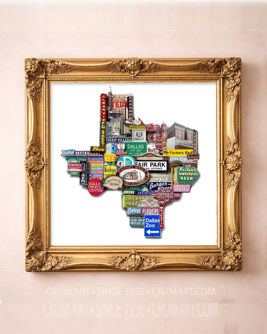 Texas Shaped Photomontage — square art print by Carl Crum in a square gold frame