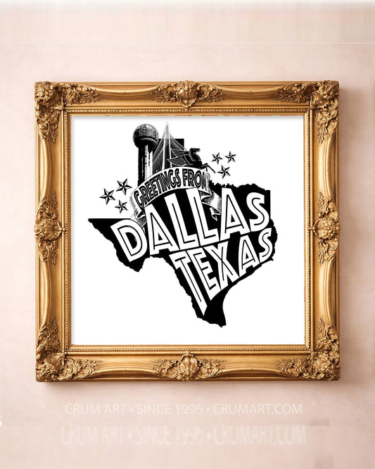 Greetings From Dallas Print — square art print by Carl Crum in a square gold frame